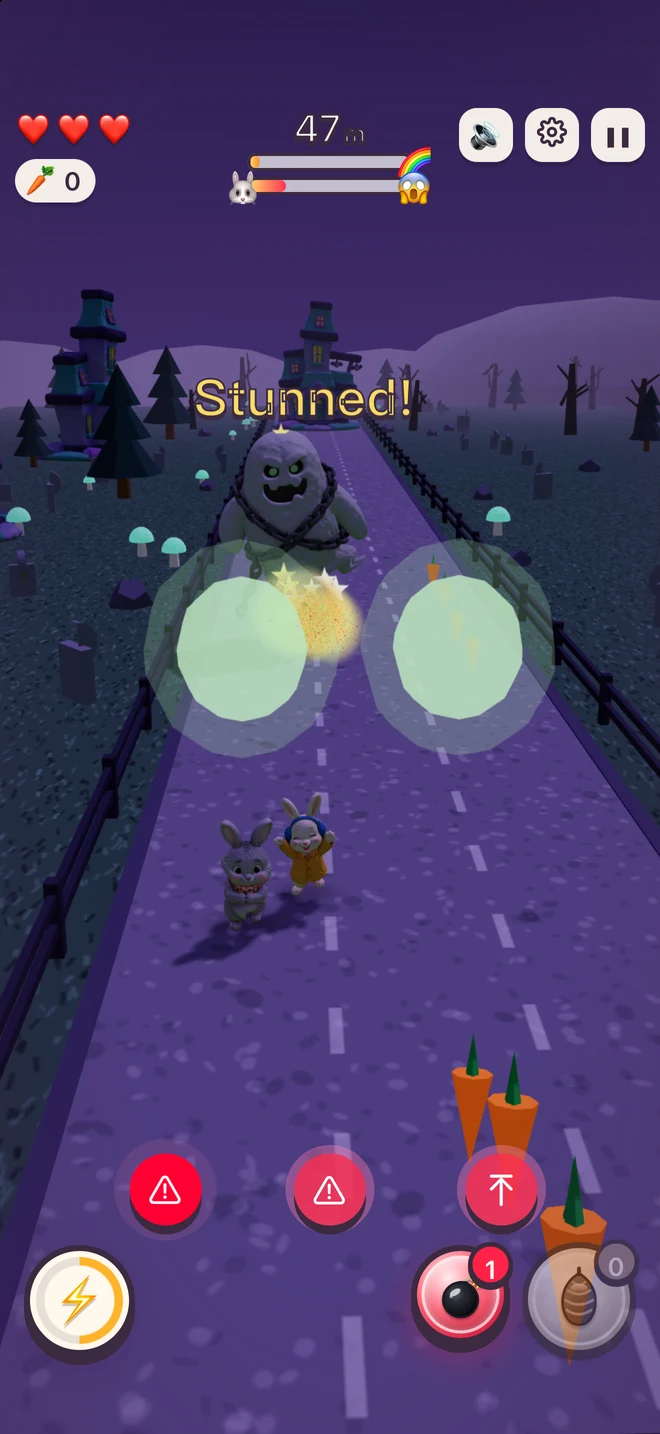 Actual gameplay: a bomb explosion stuns the ghost chasing the rabbits through a haunted world.