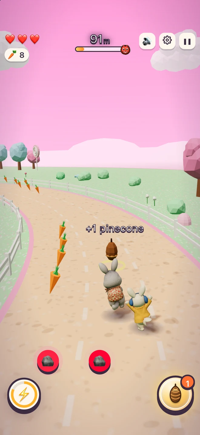 Actual gameplay: Bubu and Doudou collect a pinecone along a winding candy-colored trail.
