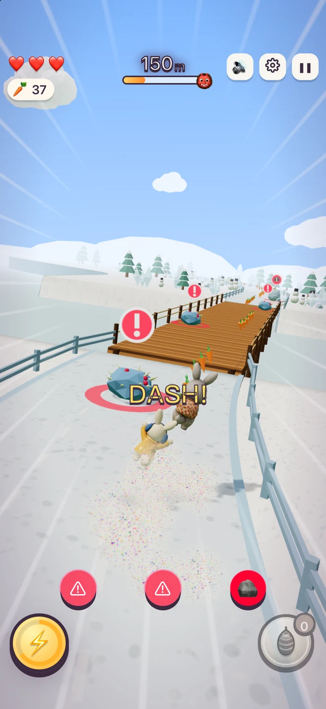 Actual gameplay: the rabbit couple jumps and dashes toward a wooden bridge on a snowy trail.